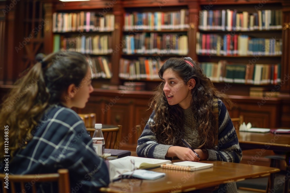 Poster two girls engrossed in conversation while sitting at a table in a library, a mentor and mentee deep 