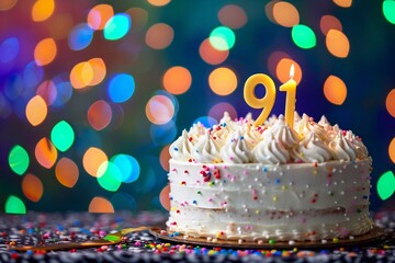 Sweet Birthday cake with number 91 on top on colorful bokeh background, 91th years old happy birthday Cake, copy space, vertical photo