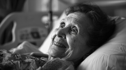 A woman in a hospital bed is smiling and looking at the camera