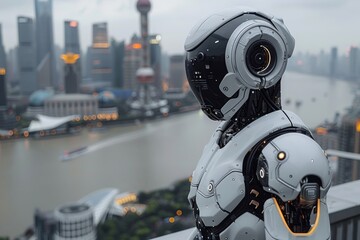 Fototapeta premium Advanced humanoid robot gazing over a metropolitan city with a thoughtful expression, evoking the future of AI