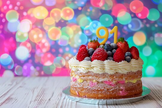 Sweet Birthday cake with number 91 on top on colorful bokeh background, 91th years old happy birthday Cake, copy space, vertical photo