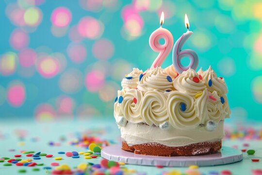 Sweet Birthday cake with number 96 on top on colorful bokeh background, 96th years old happy birthday Cake, copy space