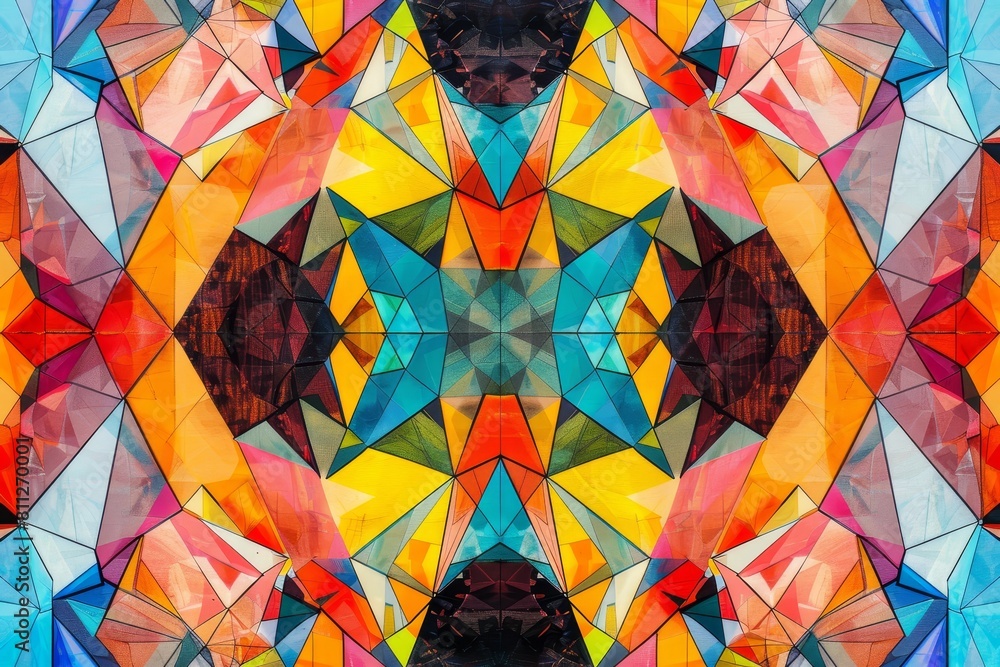 Poster a vibrant and dynamic composition of various colors and geometric shapes, a mesmerizing abstract pat