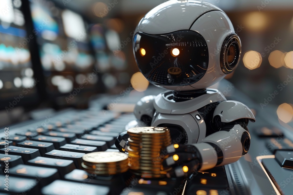 Poster a futuristic robot interacting with stacks of coins on a keyboard depicting automation in finance