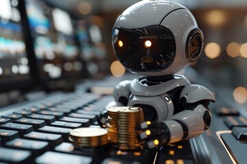 Fototapeta premium A futuristic robot interacting with stacks of coins on a keyboard depicting automation in finance