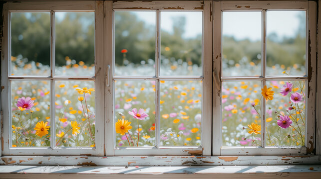 Fototapeta A big window overlooking a beautiful flower field or garden in the summer or spring