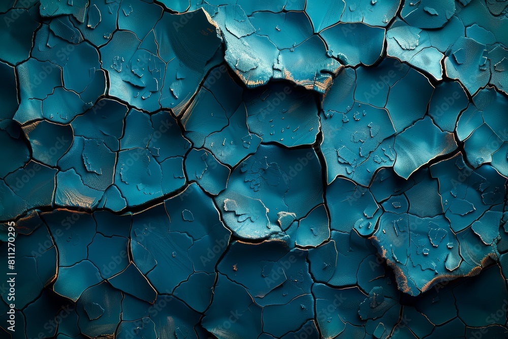 Poster an image featuring a close-up of a textured surface with blue cracked patterns and highlighted edges