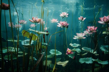 Pink water lilies float on the tranquil surface of a lake, A mesmerizing display of underwater flora and fauna