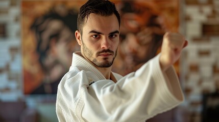 Obraz premium Karate man with busy face in uniform. Jiu Jitsu master