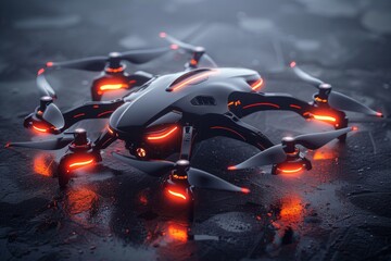 High-tech drone with red illumination lights sitting on wet reflective surface