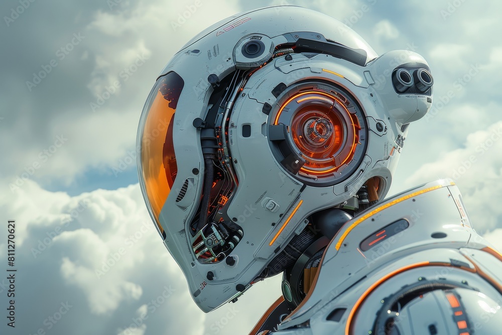 Poster the image shows a futuristic robot's head with intricate details and a high-tech design suggesting a