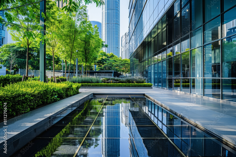 Poster a large glass building with a courtyard in front of it