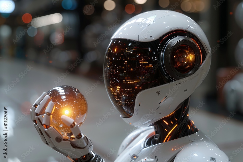 Aufkleber the image captures a humanoid robot with intricate design details, holding a luminous sphere that re