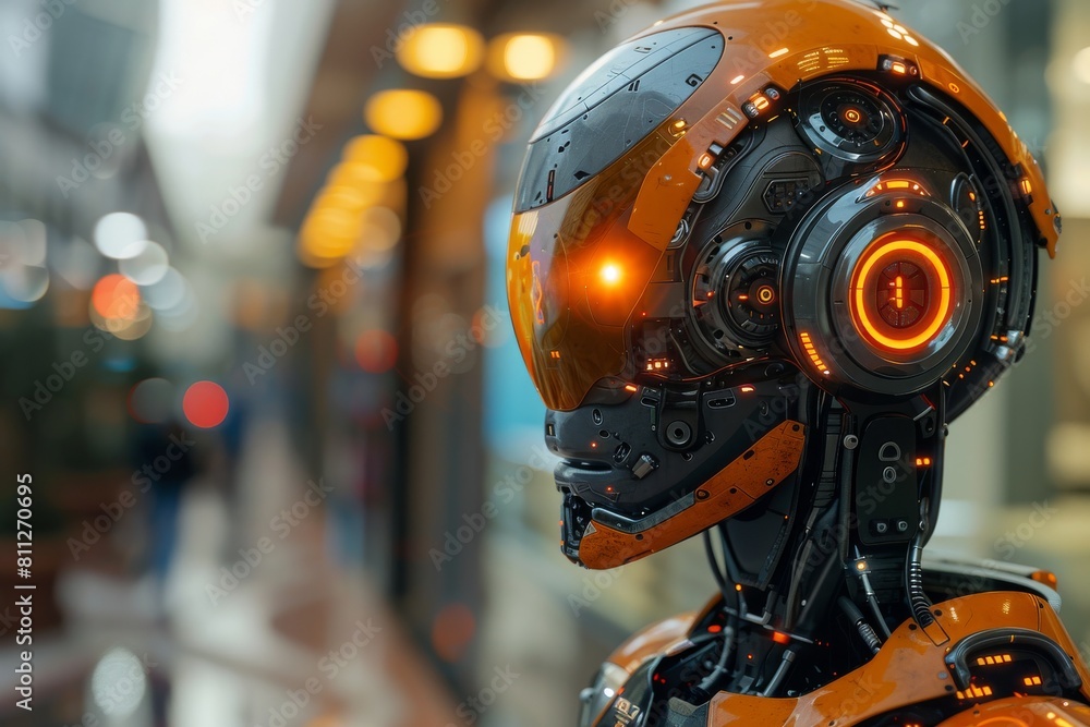 Poster a highly detailed image showing a close-up of a futuristic robot's head featuring illuminated circul