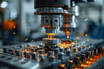 A CNC milling machine with sparks flying while cutting metal The image depicts precision manufacturing and industrial technology