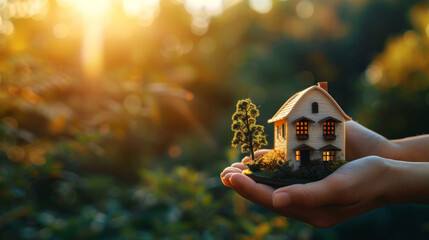 hands holding miniature house with trees on blurred background, real estate concept