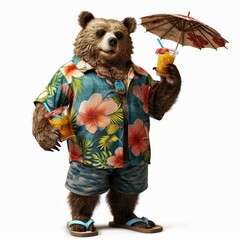 Anthropomorphic bear wearing Hawaiian shirt holding an umbrella and a drink