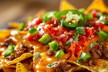A messy pile of nachos covered in gooey cheese on a plate, A messy pile of nachos covered in gooey cheese, salsa, and jalapenos