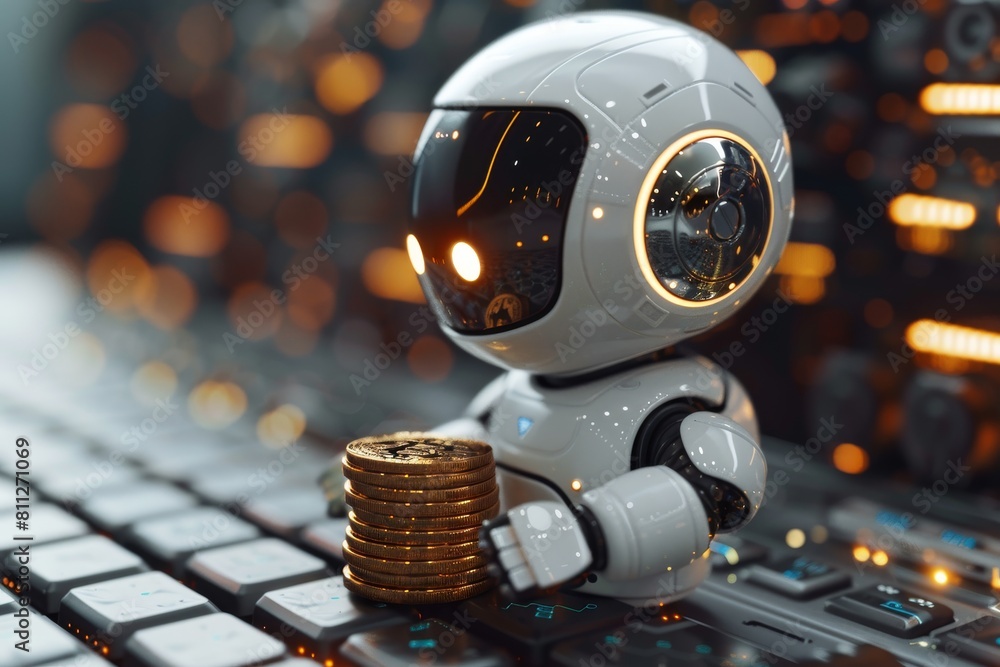 Poster modern robot character standing by cryptocurrency stacks, embodying concepts of ai and financial tec