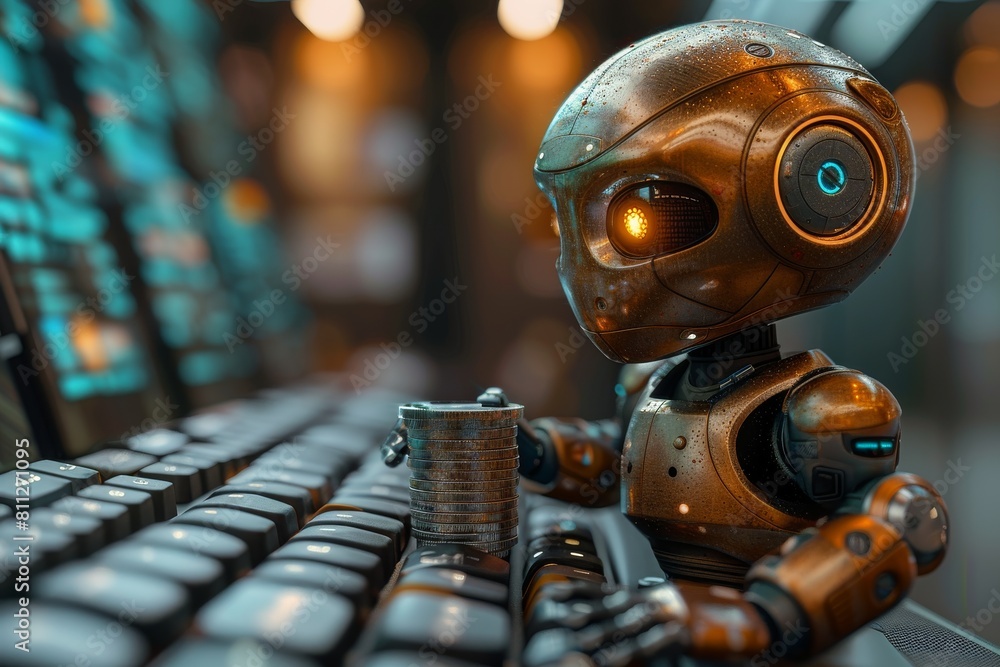 Poster a steampunk-style robotic figure engaged at a computer terminal, suggesting themes of artificial int