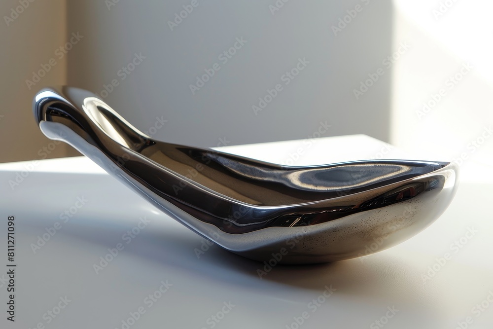 Poster a close-up view of a metallic object with a sturdy handle and a smooth surface resting on a table, a