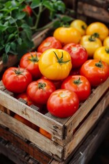 Vibrant tomato garden  ripe red and golden yellow tomatoes in wooden crate among green foliage
