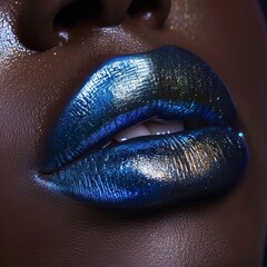 Detailed view of a womans face showcasing bold blue lipstick that shimmers like moonlight, A metallic lip color that shimmers like moonlight on water