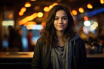 A Vivid Portrait of a Young Woman with an Enigmatic Smile Standing Confidently in Front of the Bustling Neighborhood Bar at Twilight