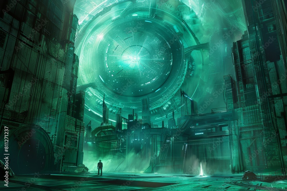 Poster sci-fi metropolis with advanced technology, illuminated by the glow of a giant fusion reactor, a met