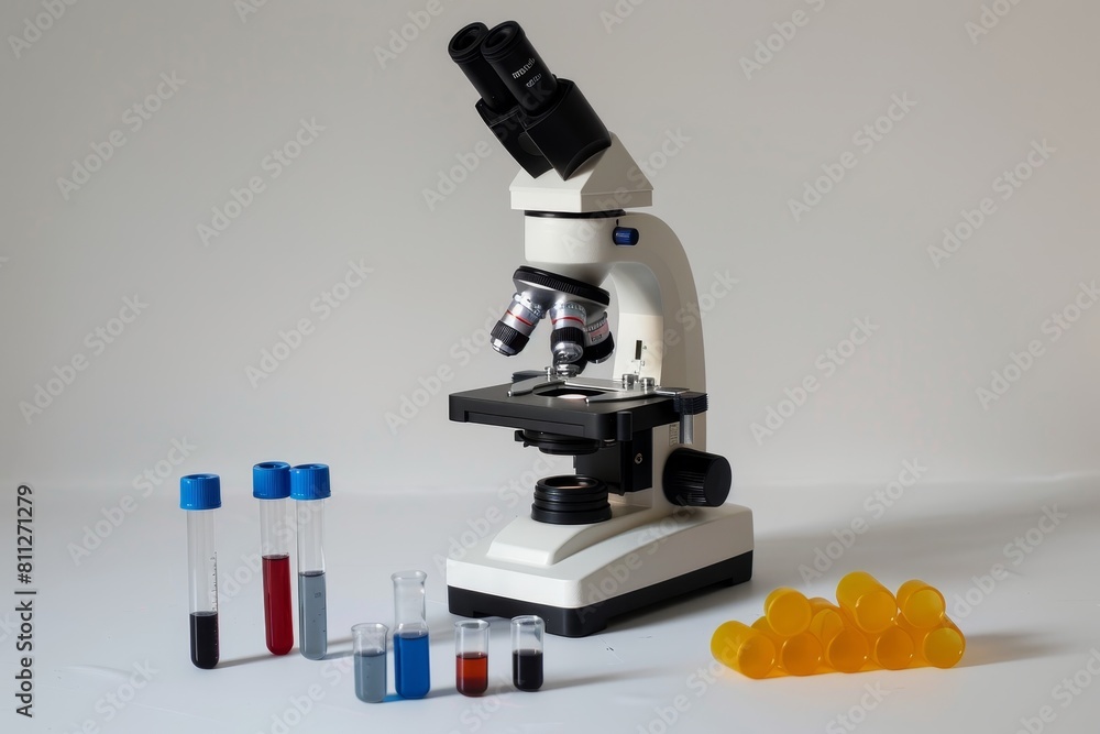 Poster a microscope and test tubes placed next to oranges in a scientific setting, a microscope and test tu