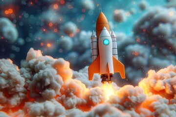 A 3D rocket ignition scene, showcasing a brilliant contrast of cool blue hues against the warm tones of the fiery thrust