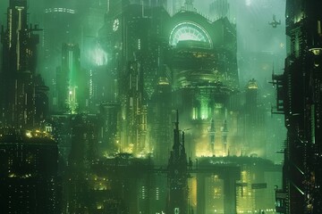 Obraz premium A futuristic metropolis featuring a prominent clock tower in the midst of advanced architecture and bustling activity, A metropolis powered by a massive fusion reactor