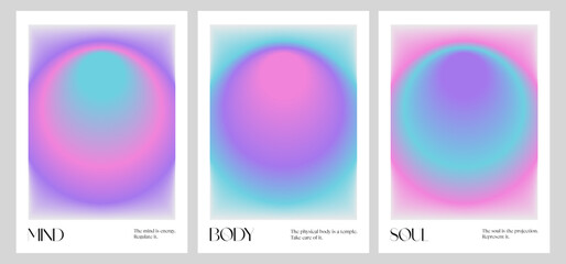 Positive Aura Gradient posters set. Y2k style blurred gradient. Body, mind, soul aura aesthetic. Colourful spiritual. Trendy wall art. Futurism vector art. Red, pink, yellow. Print, wallpaper, web