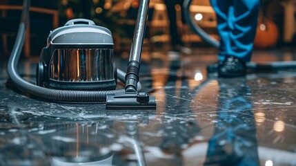 Professional cleaners using vacuum in spacious office with employees in background