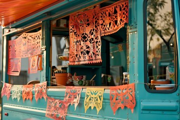 A Mexican food truck adorned with colorful papel picado decorations in a lively and festive display, A Mexican food truck with intricate papel picado decorations