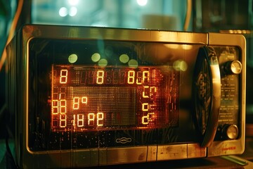 Detailed view of clock sitting on table with clear display of time and ticking motion, A microwave oven glitching with erratic display numbers