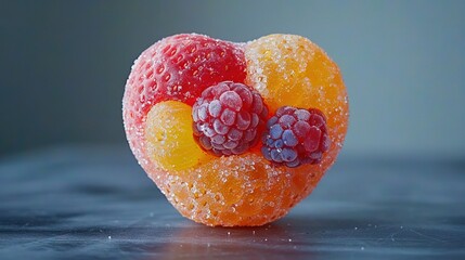   A fruit-shaped heart with raspberries and oranges in the shape of a heart on a table