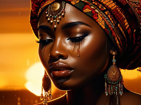 Crying African Woman in Traditional Clothing and Jewelry