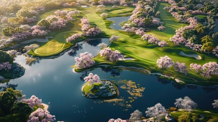 Aerial view of a pristine golf course, vibrant green fairways and azure blue water hazards, framed by flowering cherry blossom trees, late afternoon, long realistic