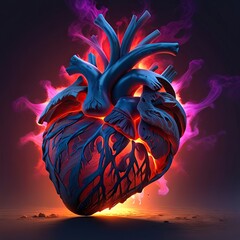 3d Human Heart Best smoke and light colors 3d illustration, isolated on black background