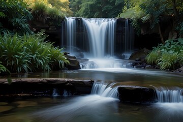 Peaceful waterfall. Beautiful water cascade at London s Kew Gardens
