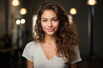 Obraz premium A Radiant Smile Captured in Time: Young Woman with Sparkling Eyes Posing Confidently in a Professional Photography Studio Setting