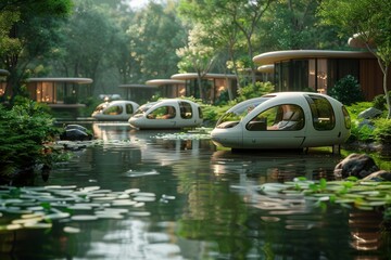 Rendered image of eco-friendly transport pods floating on a waterway amidst lush greenery and modern architecture