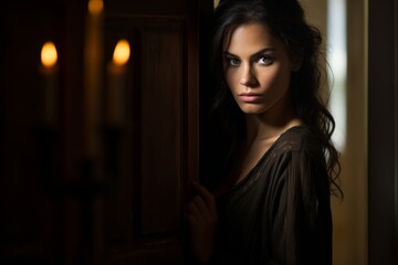 Fototapeta premium A Solemn Gaze Piercing Through the Dimly Lit Corridor as a Young Woman Stands Poised at the Entrance of an Ancient Hallway