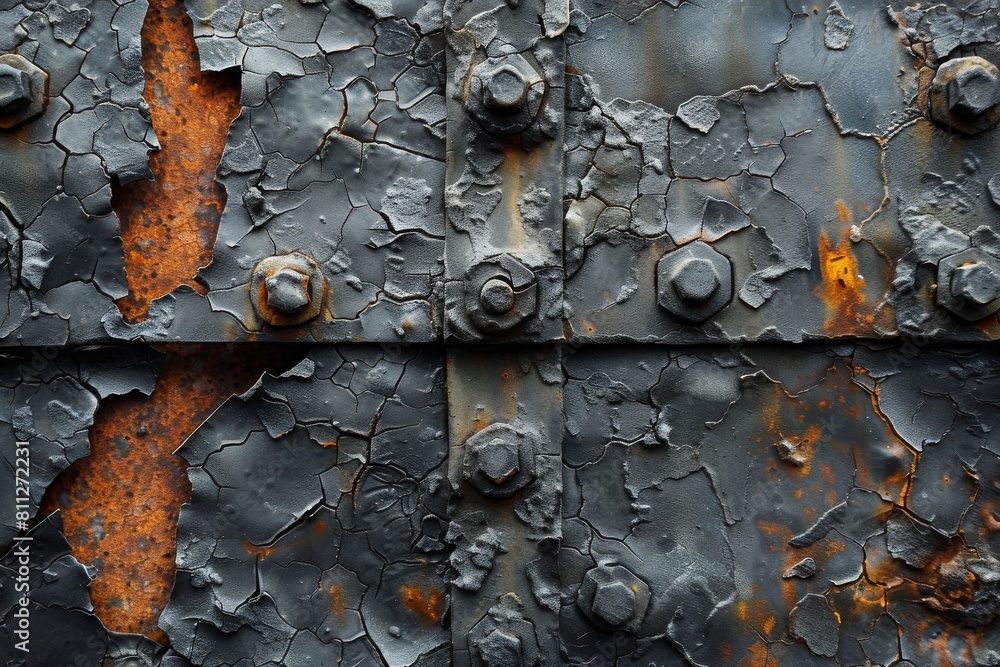 Poster close-up view of a weathered metal surface displaying rust and peeling paint, illustrating decay and