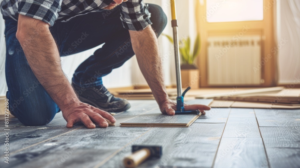 Wall mural man skillfully installing laminate floor with his hands, home improvement project