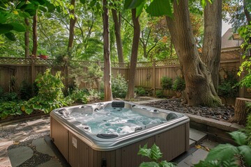 Serene backyard with a luxurious hot tub surrounded by lush greenery and wooden fence.