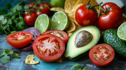 Avocados in the foreground with onion, tomato, jalapeÃ±o, cilantro, chips and lime in the background