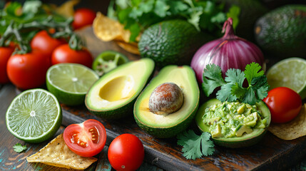 Avocados in the foreground with onion, tomato, jalapeÃ±o, cilantro, chips and lime in the background