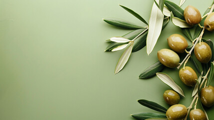 Background olive branch on a green background. green olives. olive oil. white banner. copy space